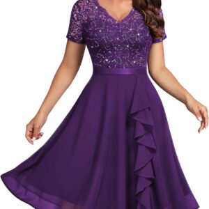MISSMAY Women’s Vintage Floral Lace Sequin V-Neck Ruffle Cocktail Party Formal Fit and Flare Swing Dress
