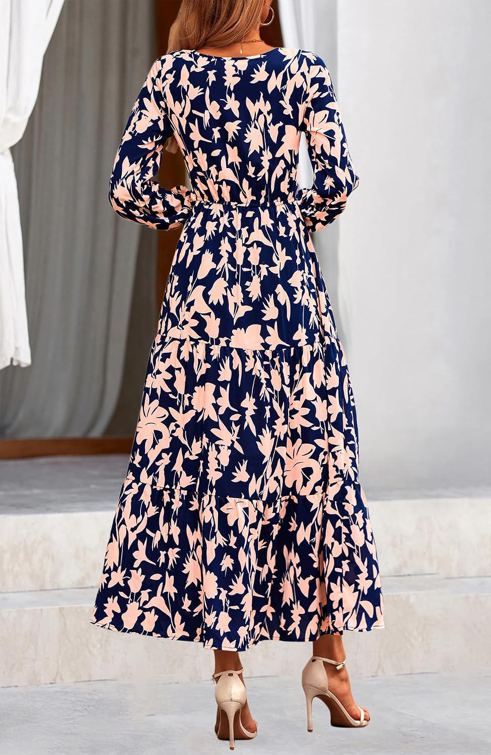 NOLLSOM Women's 2024 Fall Dresses Boho Maxi Dress Casual Long Sleeve V Neck Floral Dresses Wedding Guest Dress - Image 5