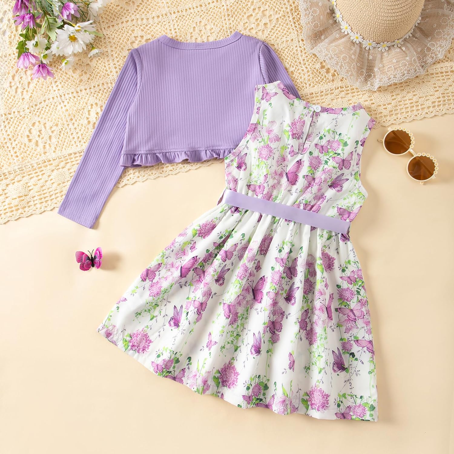 Kids Girls Dress and Cardigan Set Butterfly Floral Sleeveless Tank Sundress Solid Long Sleeve Ruffle Coat Girl Autumn Spring Clothes 2Pcs Outfit - Image 6