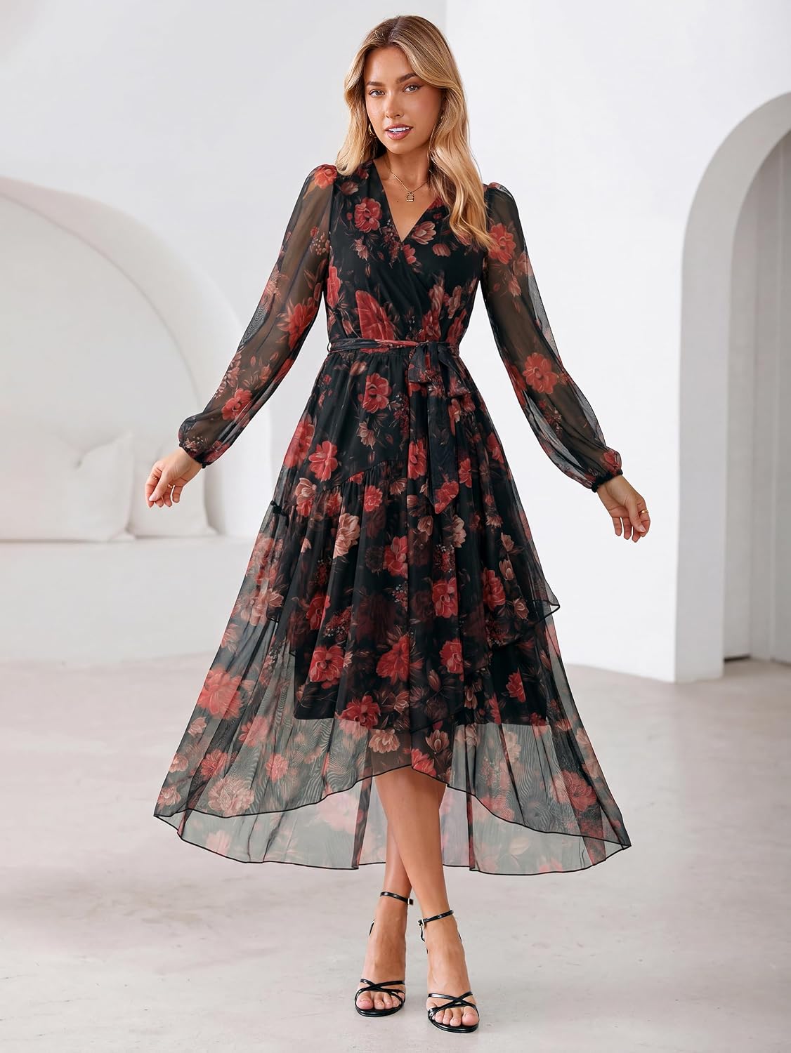 Simplee Women's Floral Long Sleeve Mesh Maxi Dress Fall V Neck Wrap High Low Swing Flowy Wedding Guest Dress - Image 7