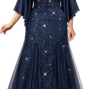 MISSMAY Women’s Plus Size Elegant Butterfly Sleeve Chiffon Floral Sequin Lace Contrast Mesh Mermaid Hem Evening Party Long Dress
