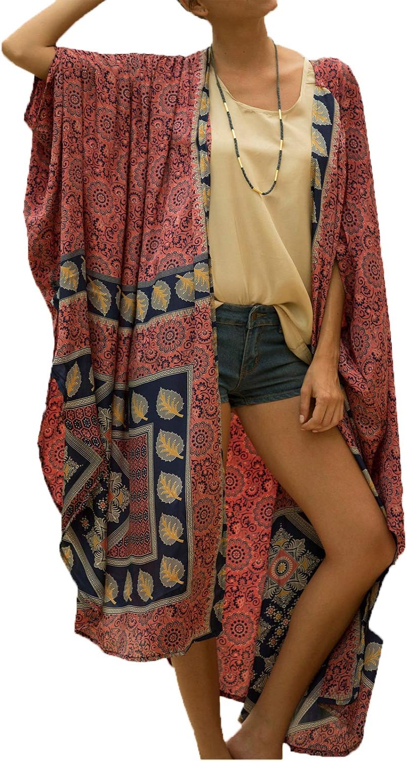 Women's Boho Kimono Long Cardigan Roomy Loungewear Oversized Kaftan Beach Dress Cover Ups Robes