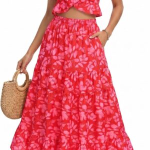 DRESSTELLS Women’s Boho Floral Two Piece Outfit Summer Holiday Beach Vacation Ruffle Maxi Dress with Pockets