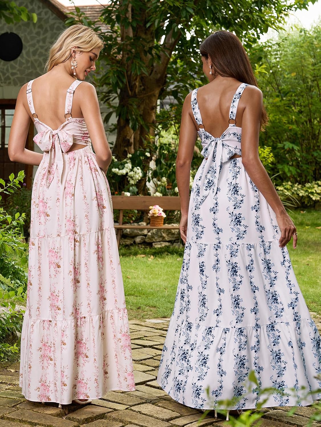 HTZMO Womens Summer Wedding Guest Floral Maxi Sundress Square Neck Back Bow Tie Flowy Boho Beach Vacation Long Dresses - Image 5