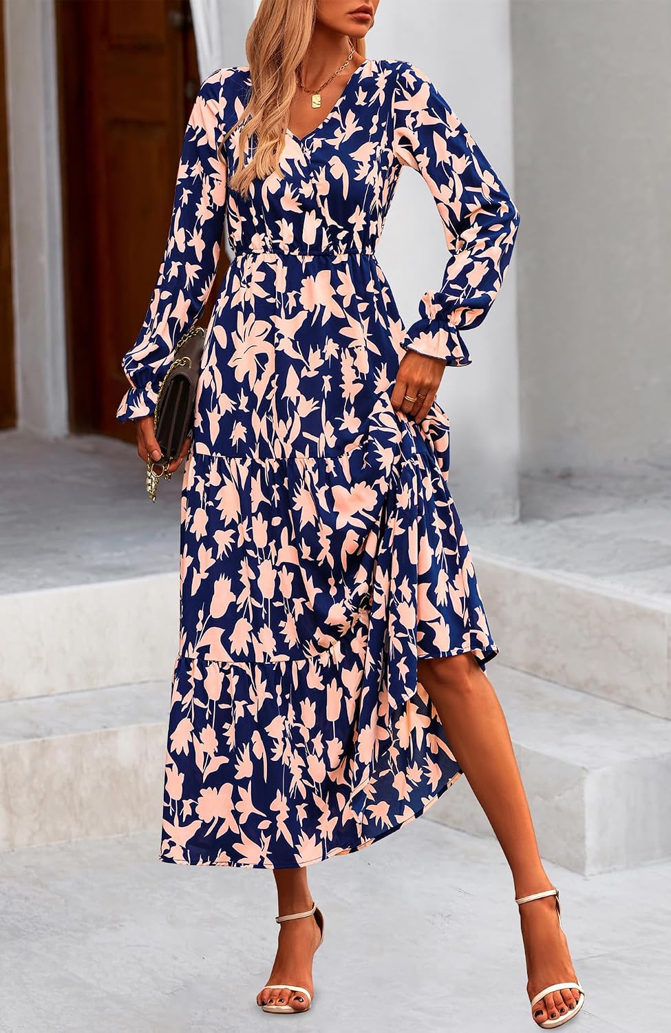 NOLLSOM Women's 2024 Fall Dresses Boho Maxi Dress Casual Long Sleeve V Neck Floral Dresses Wedding Guest Dress - Image 3