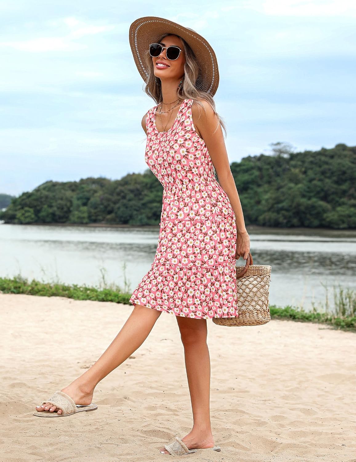 HOTOUCH Dress Women Elegant Tunic Dress Round Neck Casual Dresses Short Sleeve Puff A Line Dresses Classic Midi Dress with Pockets S-XXL - Image 4
