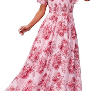 Simplee Womens Summer Floral Casual Maxi Dresses Flutter Short Sleeve Crew Neck Smocked Chiffon Boho Flowy Dress