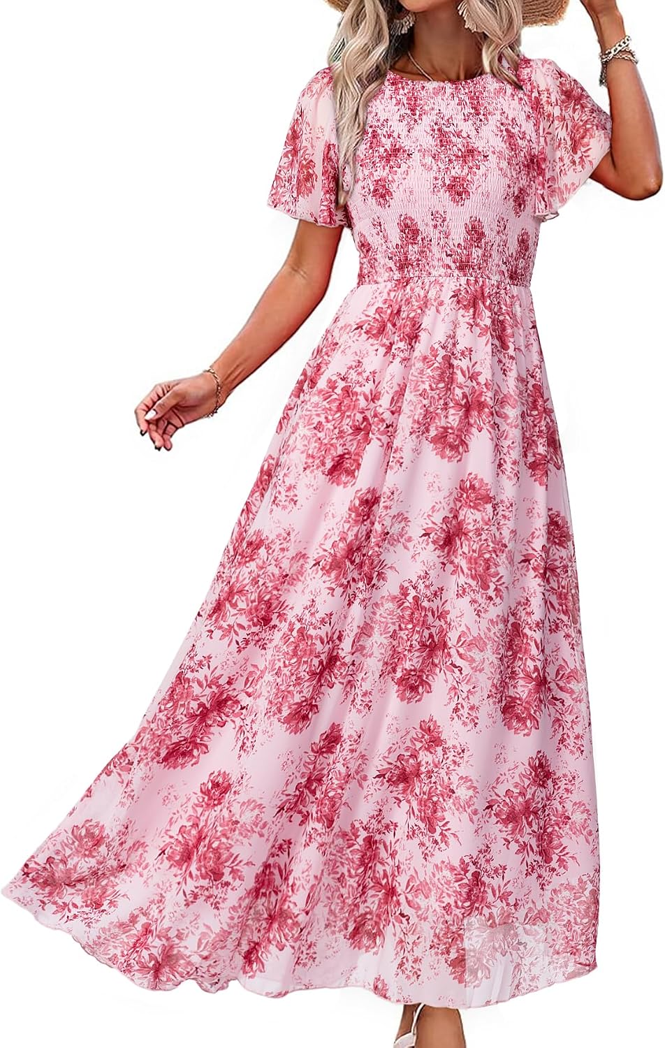 Simplee Womens Summer Floral Casual Maxi Dresses Flutter Short Sleeve Crew Neck Smocked Chiffon Boho Flowy Dress
