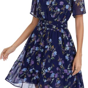 Kormei Women 2026 Floral Summer Short Dress Short Sleeves V Neck Chiffon A-Line Casual Flowy Boho Mini Dresses