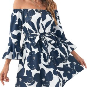 Womens Off Shoulder Ruffle Floral Summer Wedding Guest Dresses A Line Shift Short Skater Dress with Belt