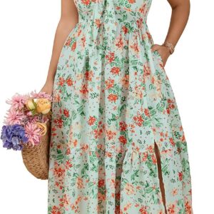 SCOMCHIC Womens Plus Size Summer Maxi Sun Dress Spaghetti Strap Tie Front Smocked Ruffle Split Casual Boho Beach Dresses