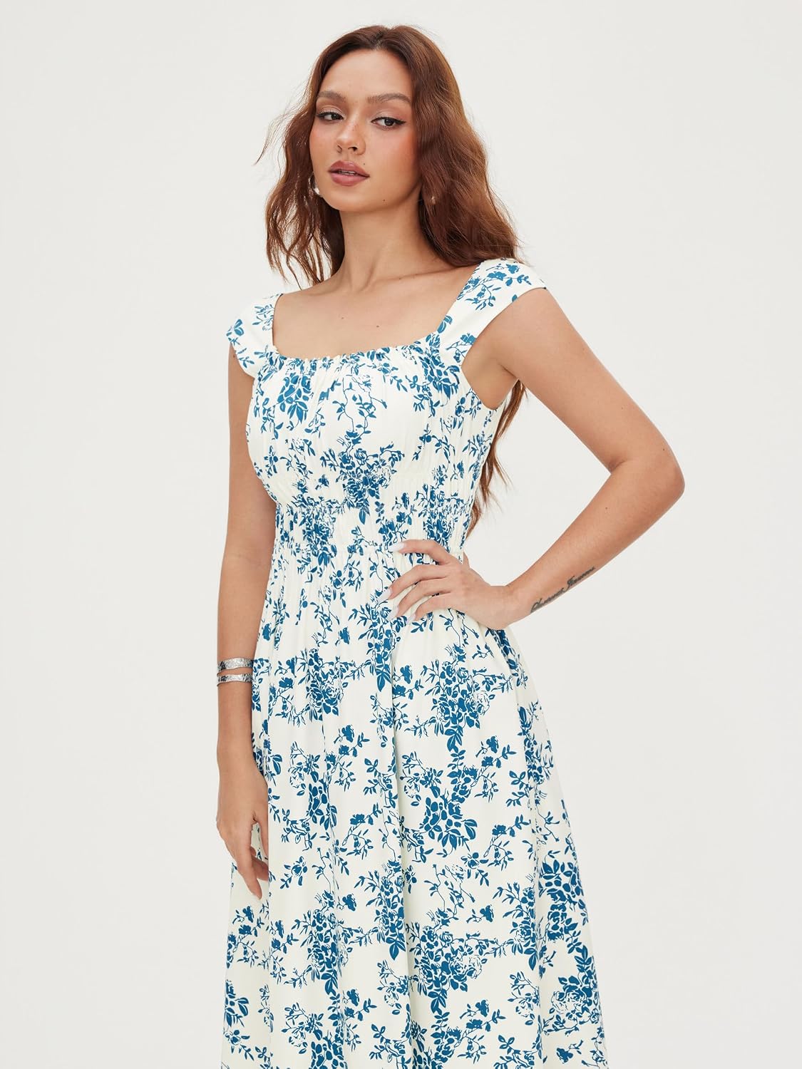 CIDER Women Summer Maxi Dress Floral Square Neck Short Sleeve Casual Midi Dress with Pockets - Image 5