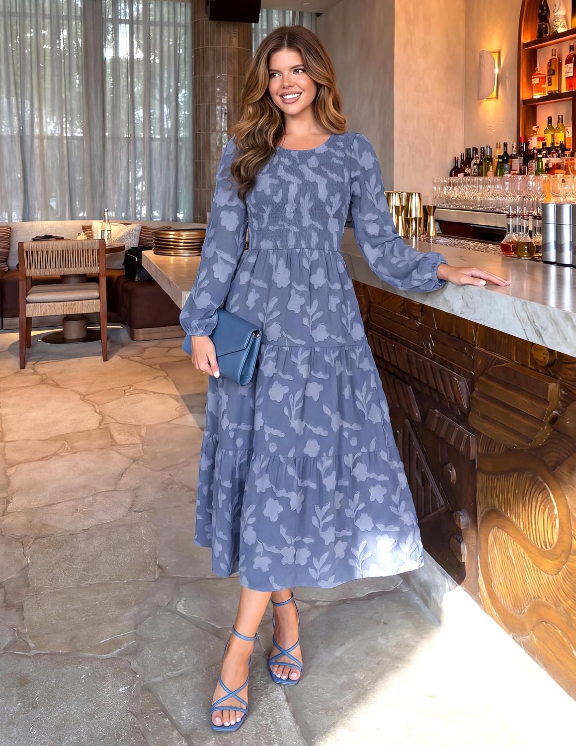 ZESICA Women's Fall Boho Floral Midi Dress 2025 Casual Long Sleeve Crewneck Flowy Wedding Guest Long Dresses - Image 2