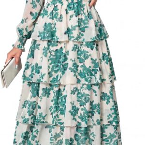 Simplee Womens Long Sleeve Floral Wedding Guest Dress Flowy Tiered Smocked Square Neck Fall Boho Maxi Dresses