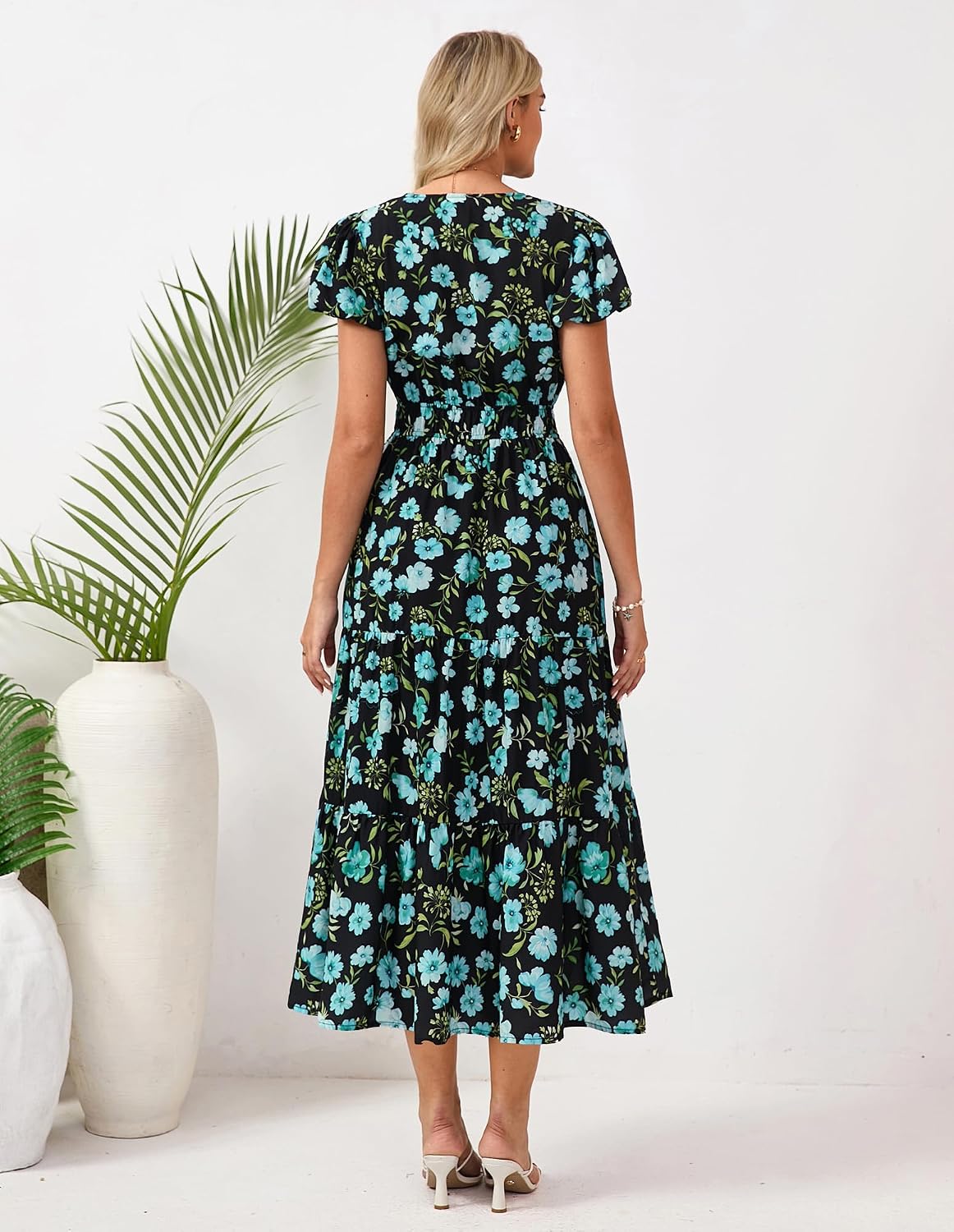GRACE KARIN Women Elegant Maxi Floral Dress Short Sleeve V Neck Summer Dress Elastic Waist - Image 3