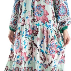 Womens Bohemian Floral Shirt Maxi Dress, 100% Viscose Long Sleeve Button Front Flowy Everyday Maxi Dress
