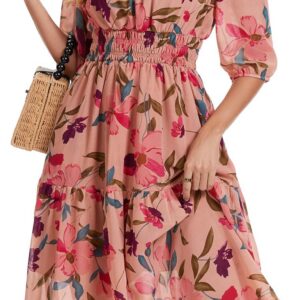 Kormei Women Summer Casual Boho Floral Round Neck Short Sleeve Smocked Waist Tiered Flowy Swing Midi Dress