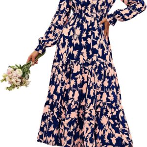 BTFBM Women Fall Dresses 2025 Casual Long Sleeve V Neck Maxi Dresses Floral Boho Long Dress Wedding Guest Dress