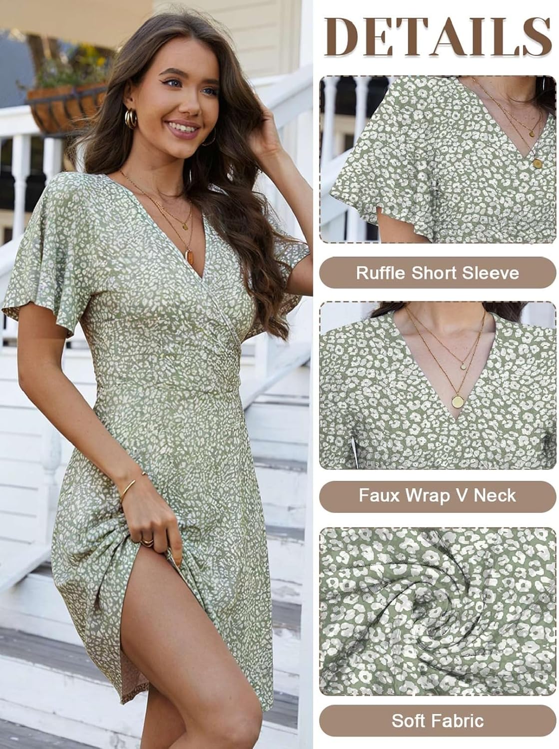 Yutdeng Women's Summer Dress Floral Short Sleeve Wrap V Neck A-Line Midi Dress Casual Holiday Beach Vacation Dresses Elegant Knee Length Dresses Sundress - Image 4