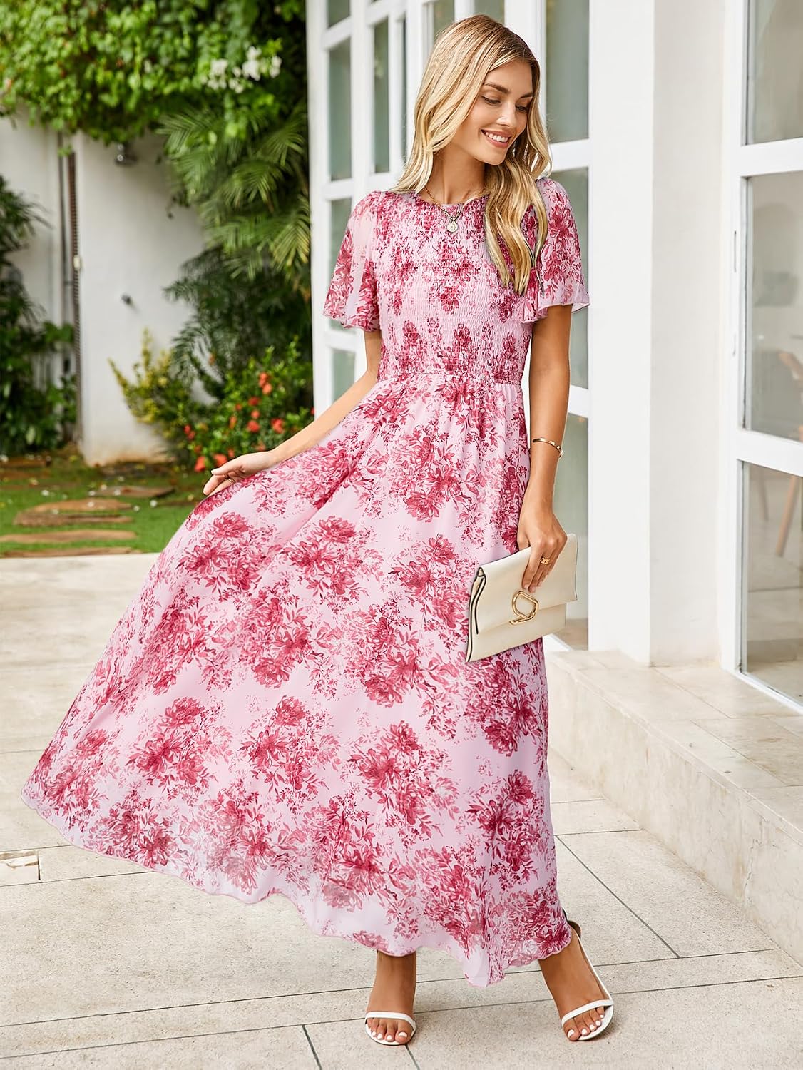 Simplee Womens Summer Floral Casual Maxi Dresses Flutter Short Sleeve Crew Neck Smocked Chiffon Boho Flowy Dress - Image 3