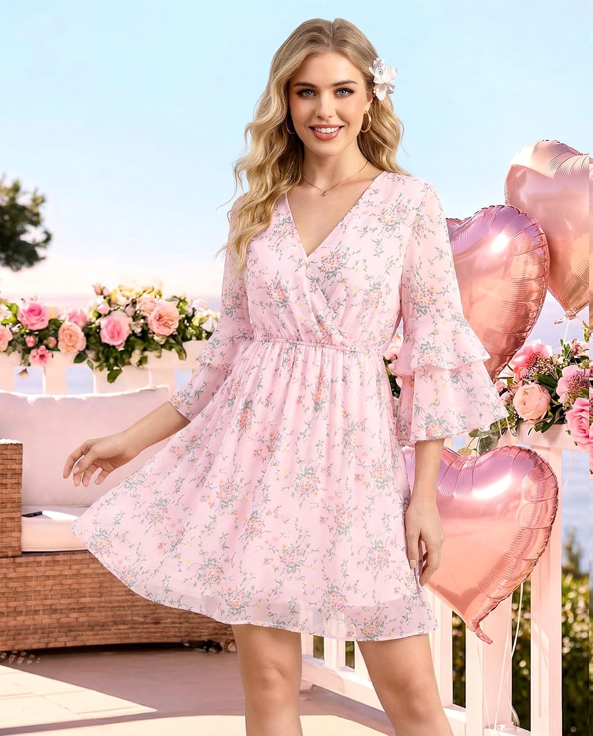Bebonnie Womens 3/4 Ruffle Sleeve Spring Summer Casual V Neck Flowy Chiffon Layers Dresses - Image 2