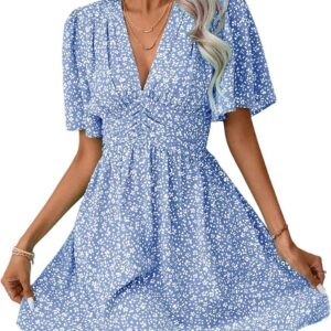GORGLITTER Summer Floral Dresses for Women UK Deep V Neck Ruffle Short Sleeve Ruched Fit and Flare Going Out Mini Dress