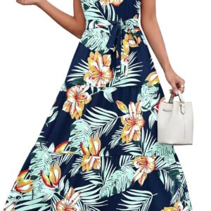 AUSELILY Women’s Maxi Dresses Halter Neck Summer Dress Sleeveless Off Shoulder Long Dress with Belt and Pockets
