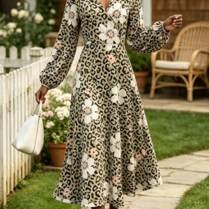 Women’s Autumn/Winter Cross-Neck Waist-Defining Dress Leopard Print Long-Sleeve Dress with Sophisticated Appeal
