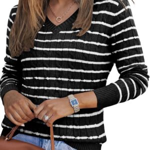 Magritta Women V Neck Jumpers Knit Striped Sweater Pullover Long Sleeve Top