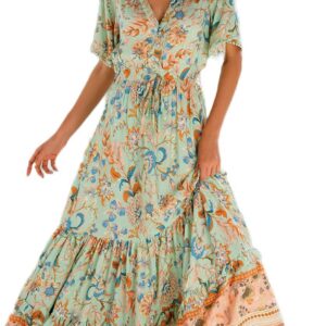 R.Vivimos Women Summer V Neck Floral Boho Maxi Dress