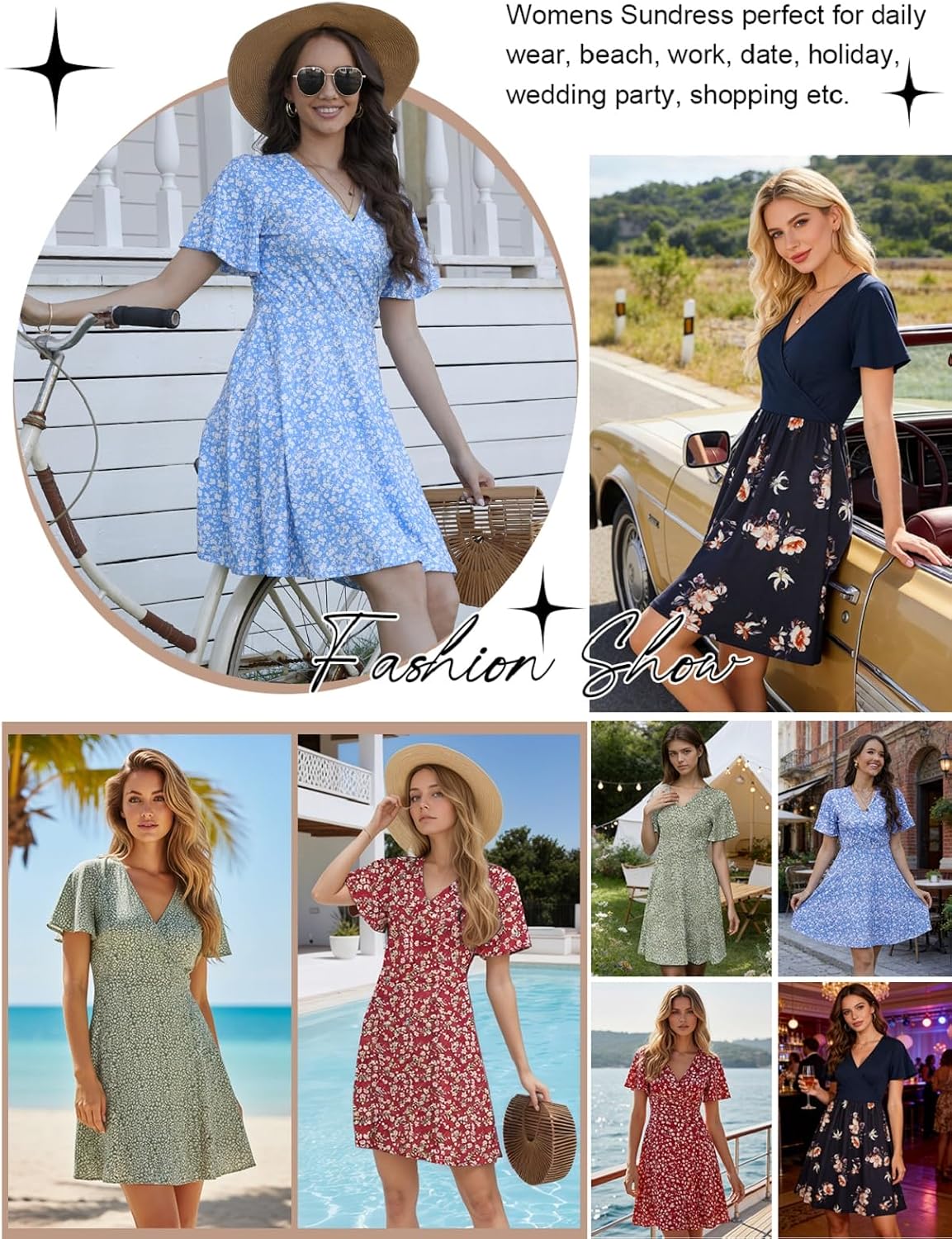 Yutdeng Women's Summer Dress Floral Short Sleeve Wrap V Neck A-Line Midi Dress Casual Holiday Beach Vacation Dresses Elegant Knee Length Dresses Sundress - Image 6
