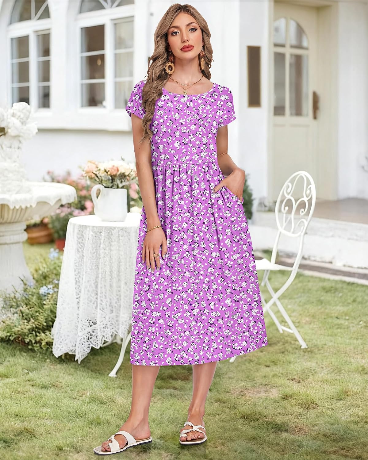 AUSELILY Women's Summer Short Sleeve Midi Dresses Loose Dress with Pockets - Image 6
