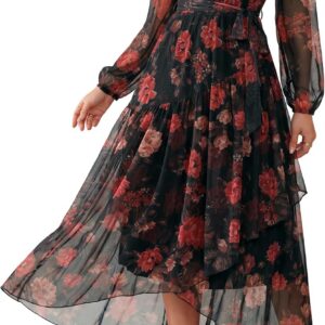 Simplee Women’s Floral Long Sleeve Mesh Maxi Dress Fall V Neck Wrap High Low Swing Flowy Wedding Guest Dress