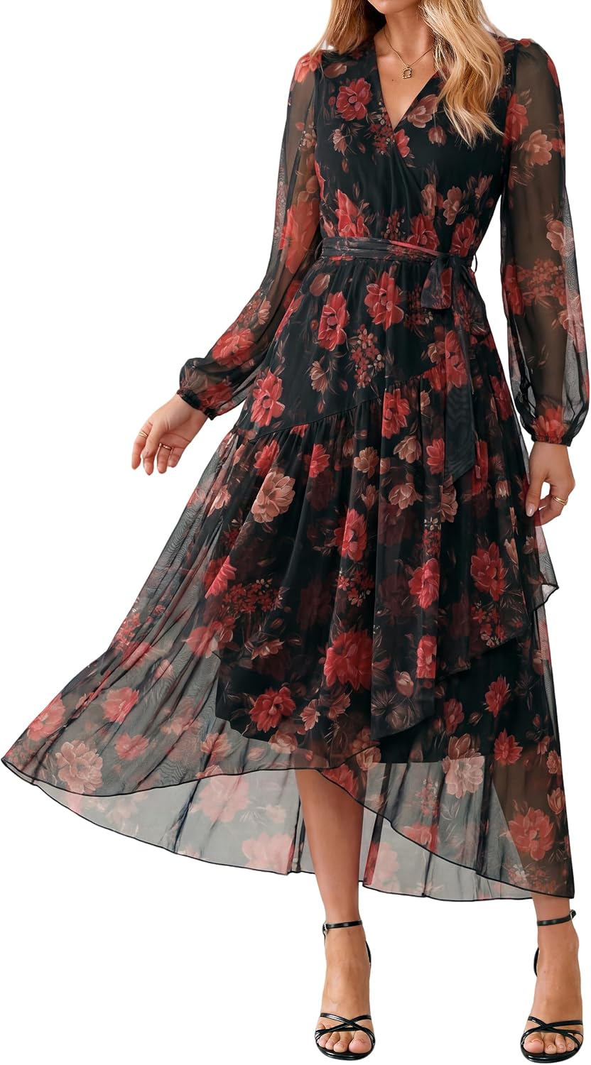 Simplee Women's Floral Long Sleeve Mesh Maxi Dress Fall V Neck Wrap High Low Swing Flowy Wedding Guest Dress