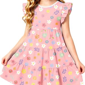 tiorhooe Girls Dresses Cotton Ruffle Sleeve Swing A-Line Dress for Kids