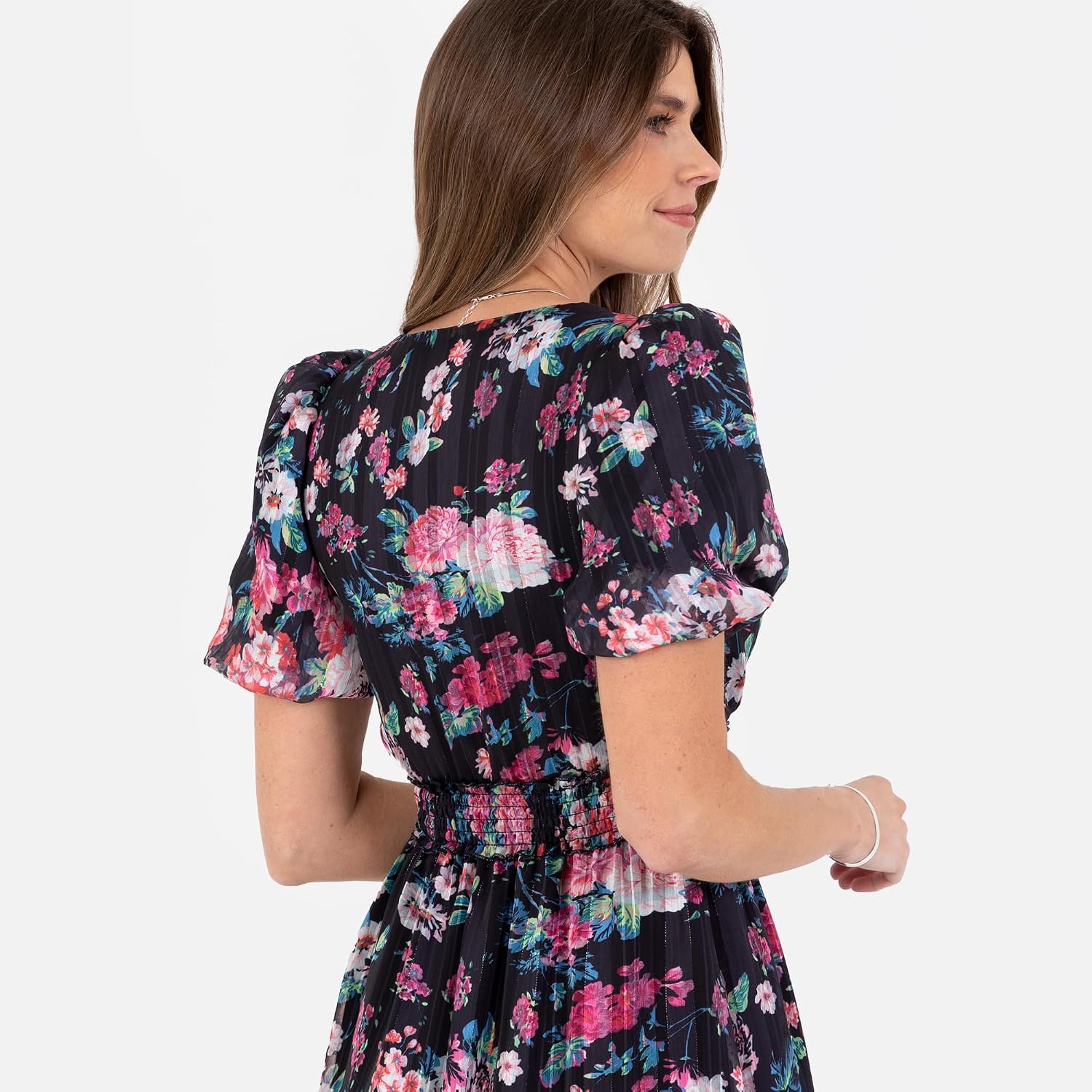 Lovedrobe Women's Women's Ladies Midi Dress V-Neck Short Puff Sleeve Wrap Shirred Waist Floral Print Ruffle Fit and Flare Wedding Guest Dress (Pack of 1) - Image 5