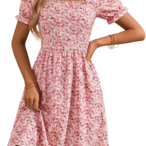 MSBASIC Women’s Summer Casual Square Neck Dress Floral Puff Sleeve A Line Midi Sundress with Pockets