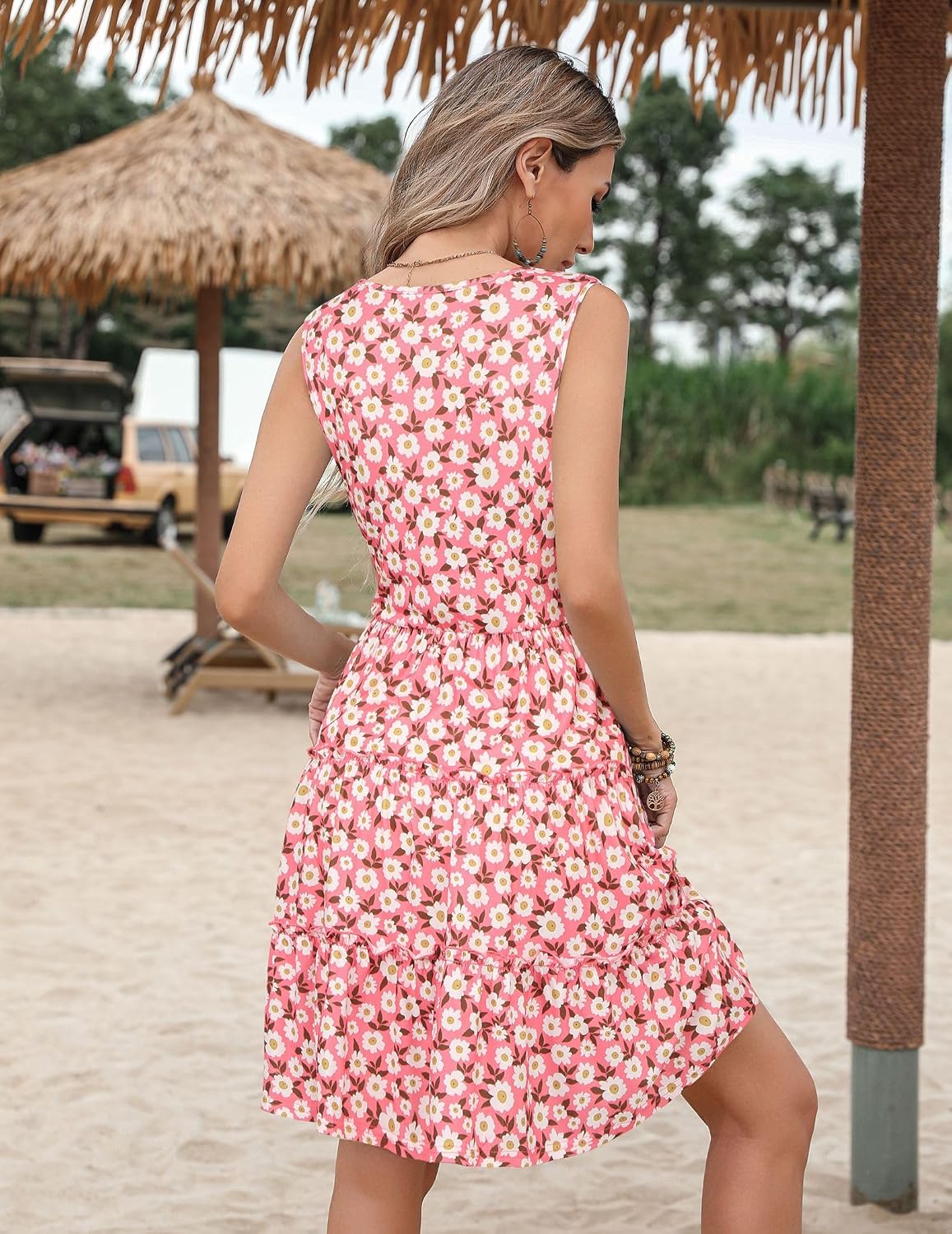 HOTOUCH Dress Women Elegant Tunic Dress Round Neck Casual Dresses Short Sleeve Puff A Line Dresses Classic Midi Dress with Pockets S-XXL - Image 5