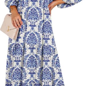 ANRABESS Womens Boho Maxi Dresses 2025 Summer V Neck Puff Sleeve Floral Flowy Swing Fall Casual Long Dress