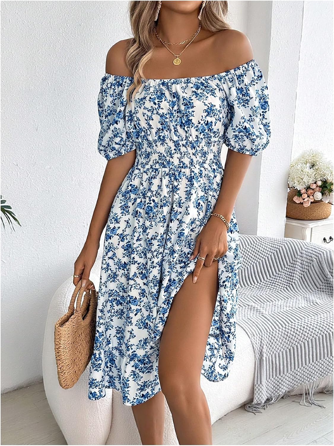 GORGLITTER Women's Floral Flared Midi Milkmaid Dresses Square Neck Puff Sleeve Smocked Flowy Midi A Line Dress - Image 4