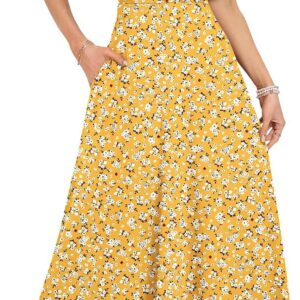 WNEEDU Long Summer Dresses Women UK Elegant Deep V Neck Maxi Wrap Dress