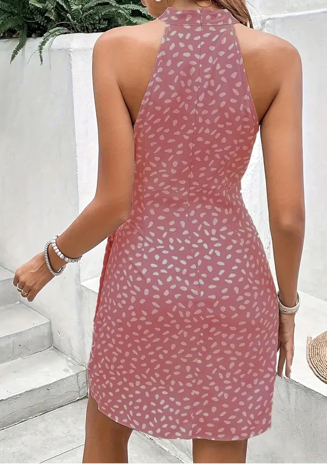 Womens Summer Dot Print Dress Halter Neck Tie Waist Dresses Casual Zipper Back Sundress - Image 2