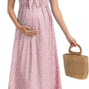 Summer Maternity Midi Dress for Baby Shower Bow Tie Neckline Ruffle Sleeves Pregnancy Dress for Photoshoot