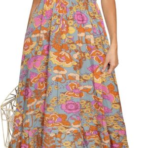 BerryGo Womens Summer Floral Maxi Dress Casual Boho V Neck Ruffle Short Sleeve Beach Long Dresses with Pockets