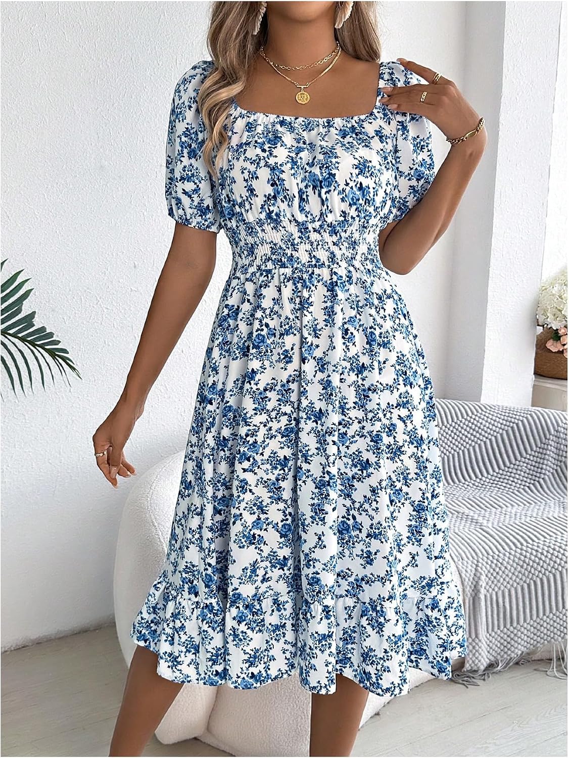 GORGLITTER Women's Floral Flared Midi Milkmaid Dresses Square Neck Puff Sleeve Smocked Flowy Midi A Line Dress - Image 5
