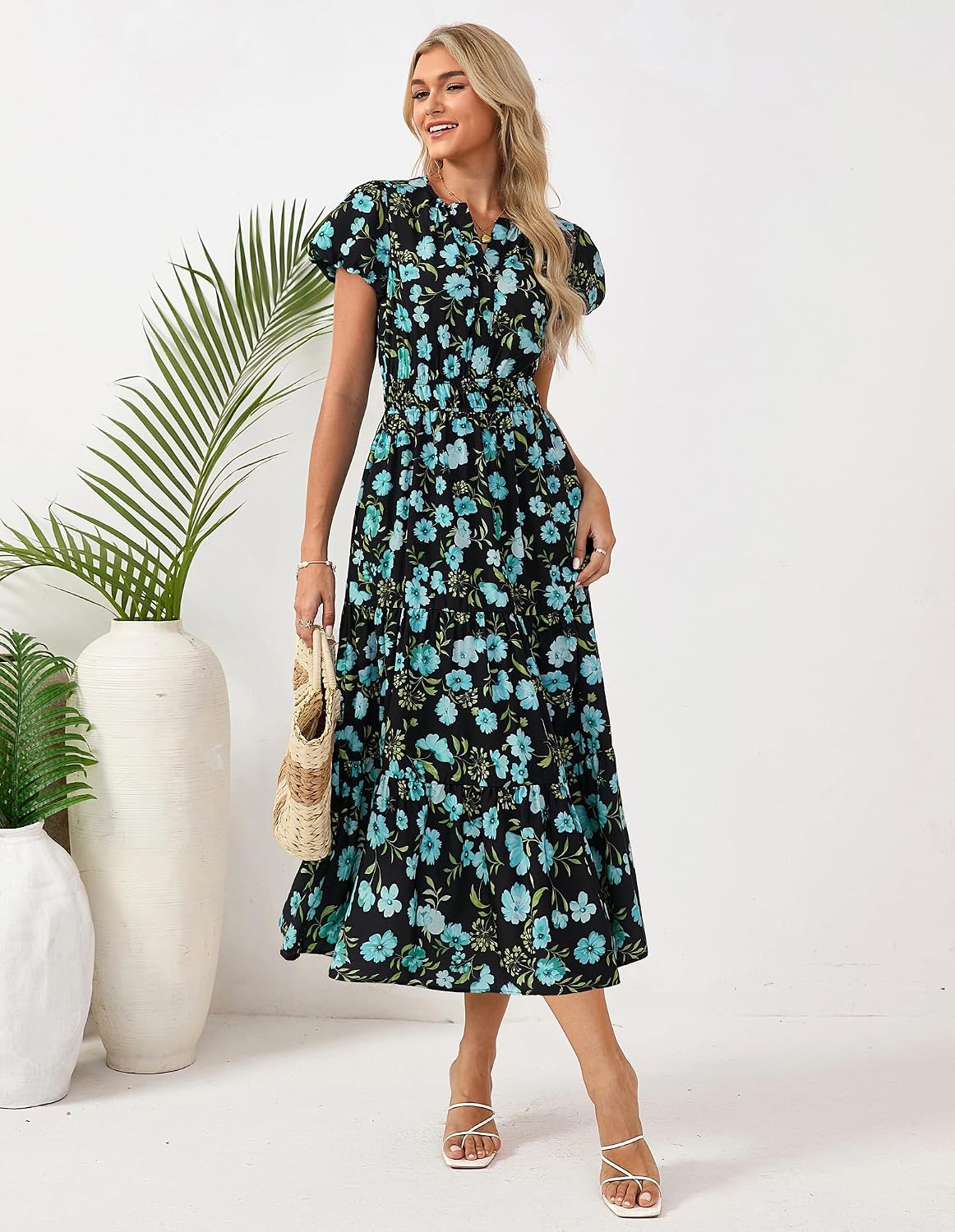 GRACE KARIN Women Elegant Maxi Floral Dress Short Sleeve V Neck Summer Dress Elastic Waist - Image 2