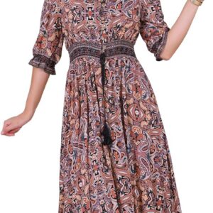 Allegra K Women Boho Floral V Neck Half Puff Sleeve Maxi Dress