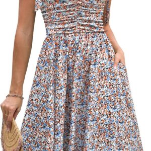 Kranda Women 2025 Summer Fall Ruched Midi Dress Casual Spaghetti Strap V Neck Flowy Boho Floral Sundress with Pockets