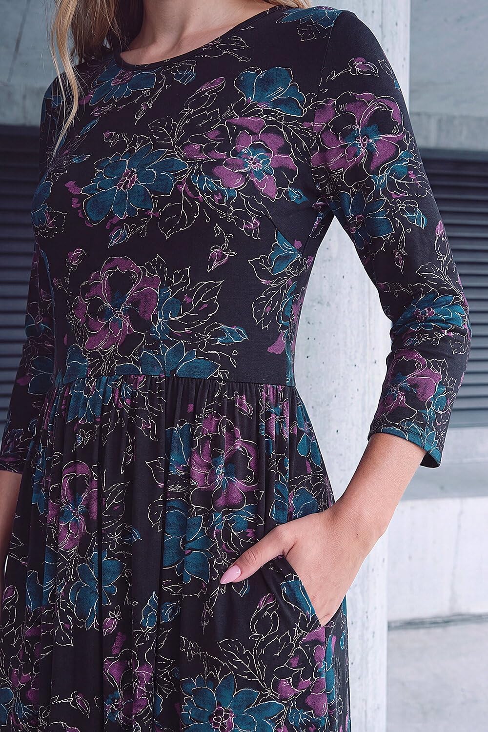Roman Originals Midi Dress with Pockets for Women UK Ladies Stretchy Jersey Maxi Long 3/4 Length Sleeve Gathered High Waist Boho Flattering Skater Swing Fit Flare - Image 4