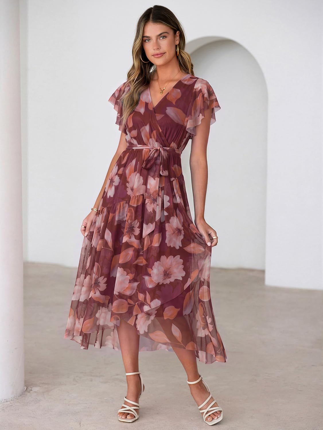 Simplee Womens Summer Floral Maxi Dress 2026 Short Sleeve V Neck Belted Mesh Hem Split Flowy Beach Wedding Guest Dresses - Image 7